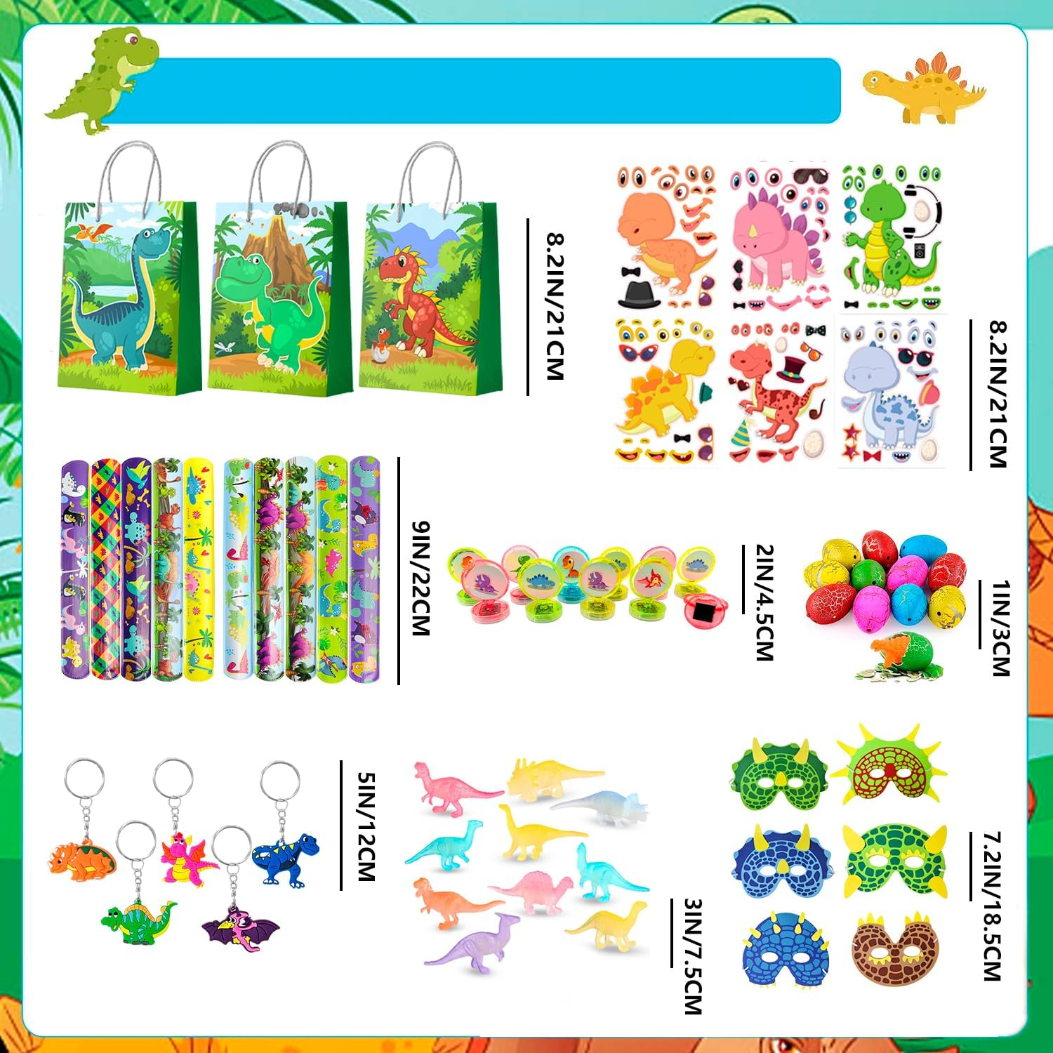 96Pcs Dinosaur Party Favors for Kids All-In-One Dinosaur Birthday Party Favors Set Dino Party Favor Bags Keychains Stampers Stickers Toys Clap Bracelets Etc Dinosaur Birthday Party Supplies image number 3
