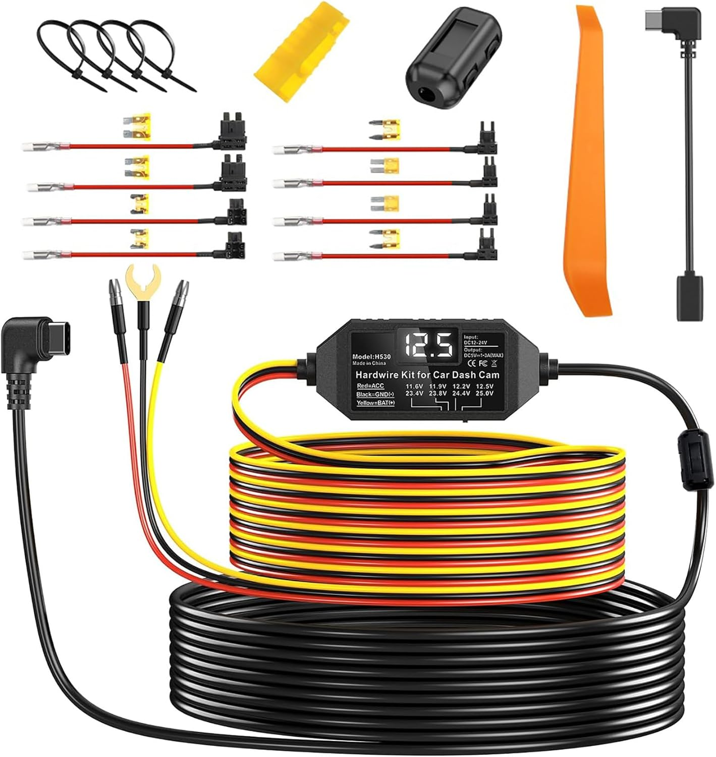 ACC Dash Cam Hardwire Kit with Voltage Indicator, Low Voltage Protection, 12V-24V to 5V USB-C Power Port, 24/7 Parking Mode, 3-Core Cable, Includes 4 Types / 8 Adapters & 6 Fuses for Dash Camera, GPS image number 2