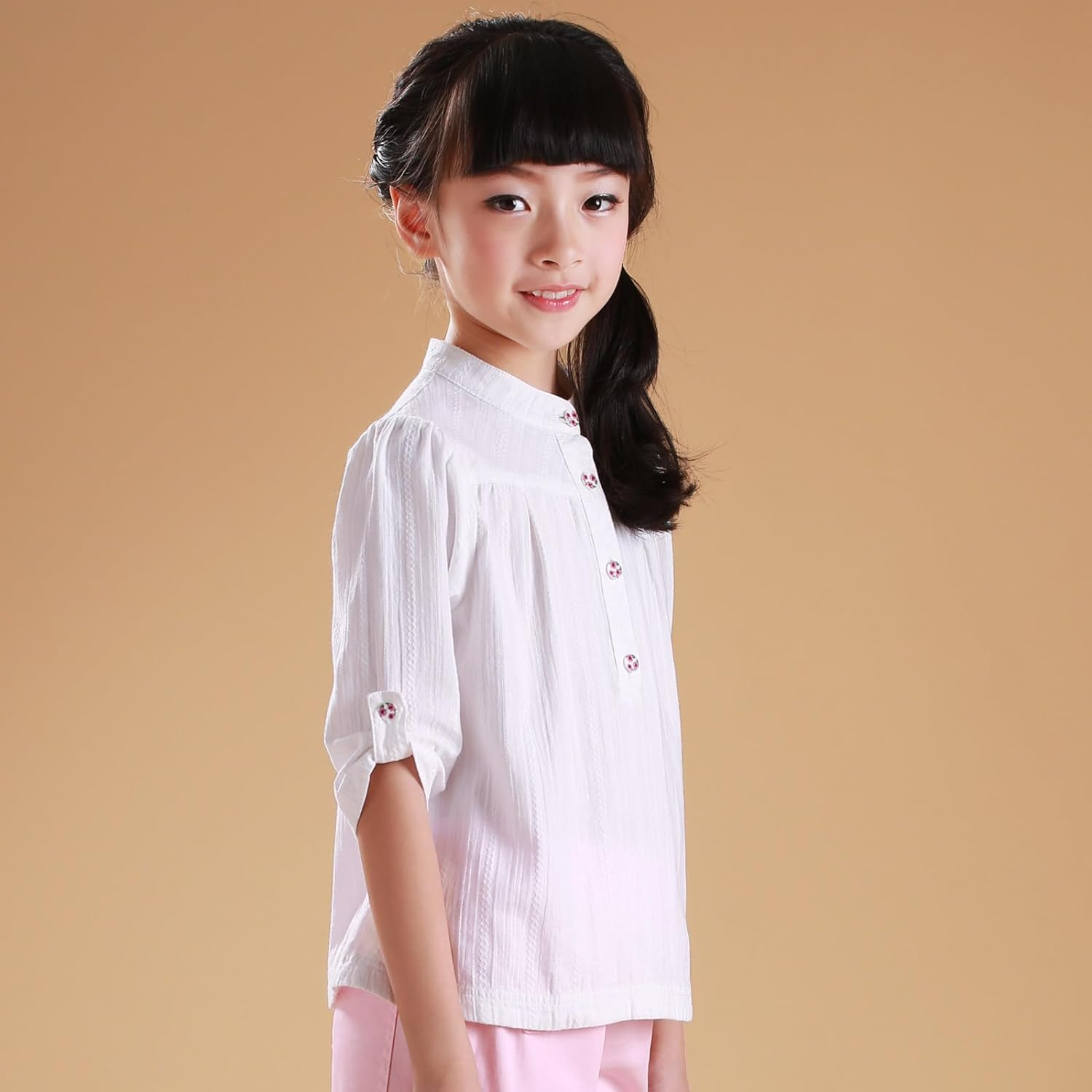 MEILONGER Girls White Blouse Cotton Linen Casual Collar Button down Shirts Girls Short Sleeve T Shirt Linen Stand Collar Tops Summer Size 8,10-12,14-16 image number 2