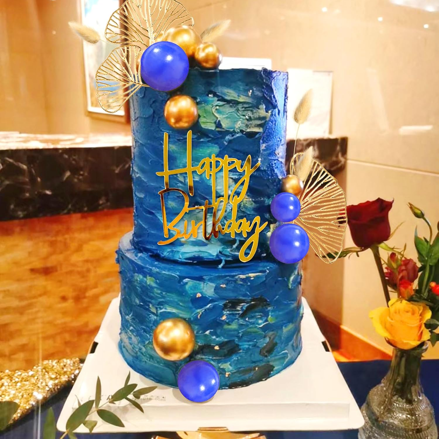 Jevenis Blue and Gold Cake Decorations Gold Birthday Cake Toppers Men for Birthday Wedding Baby Shower Party Decoration image number 5