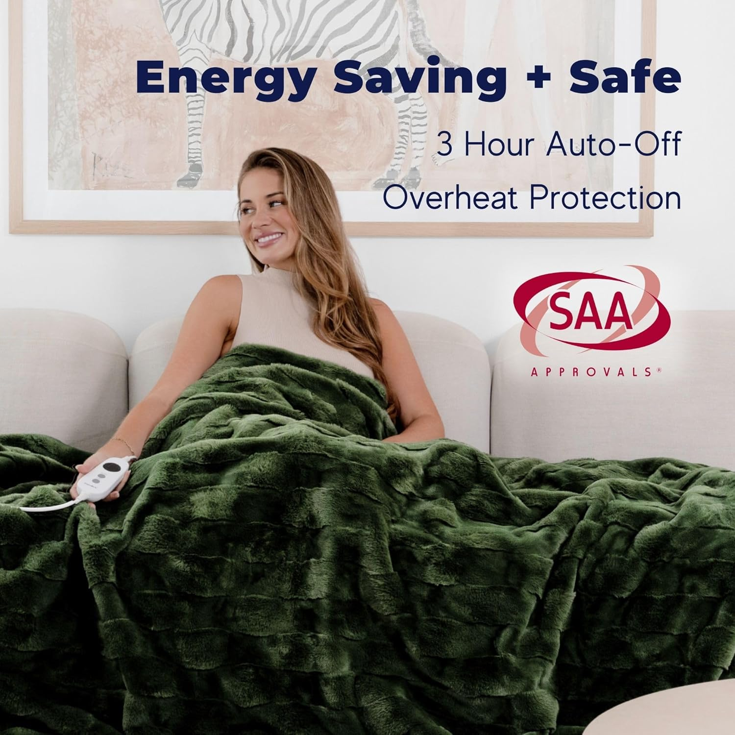 Dreamaker Basketweave Carved Faux Fur Electric Heated Throw Blanket 200X180Cm Warm Flannel Reversible Rug Energy Efficient Overheat Protection 9 Heat Settings Extra Long Cord Controller - Olive Green image number 3