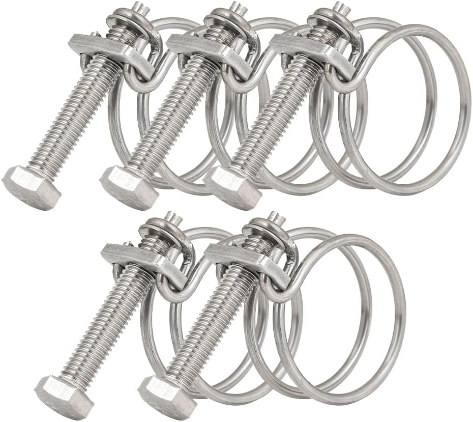 5 Pieces Double Wire Hose Clamps Adjustable 201 Stainless Steel Hose Clamps Double Wire Pond Hose Clamps for Pipes (40-45Mm)