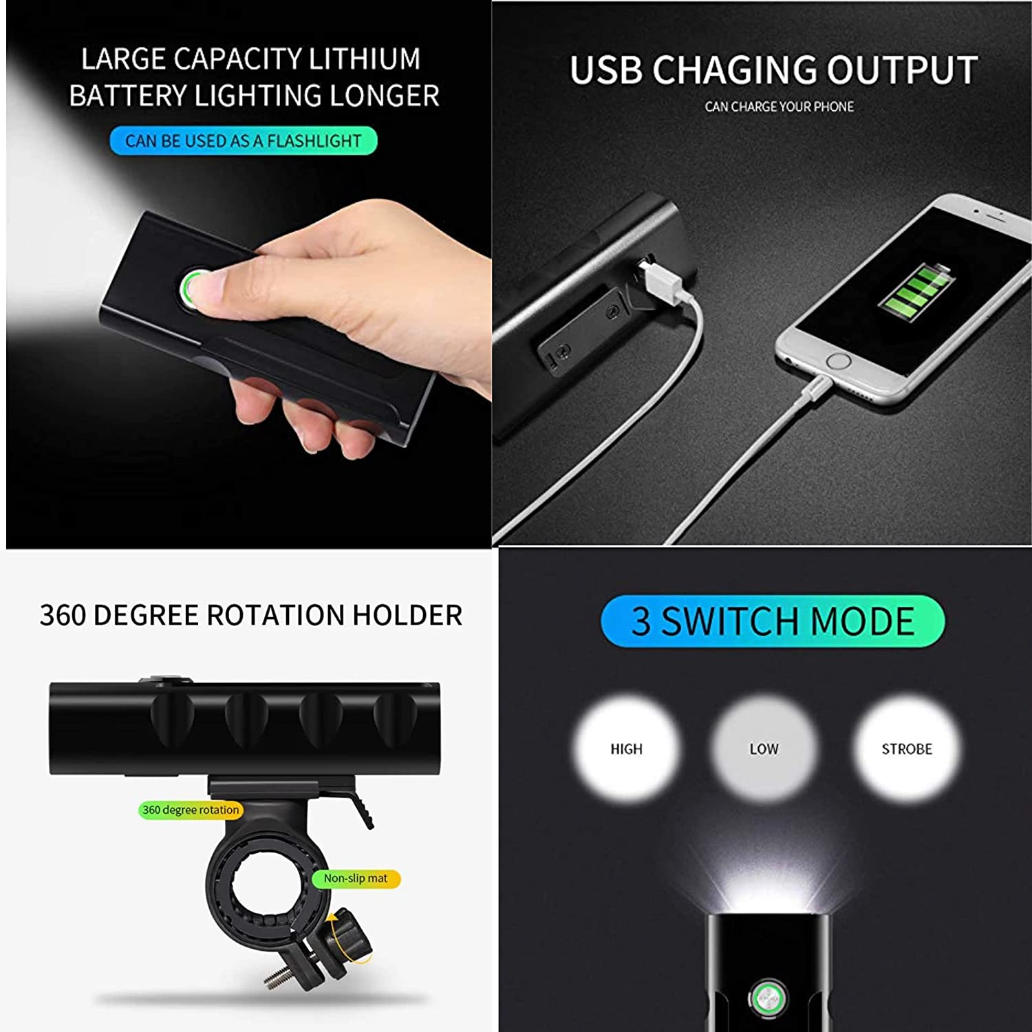 Hakea Super Bright Headlight -1000 Lumens USB Rechargeable Front Bike Light - 2400Mah Battery Bicycle Light - Flashlight with 3 Modes - Waterproof Cycle Light - 360 Rotatable - Portable Phone Charger