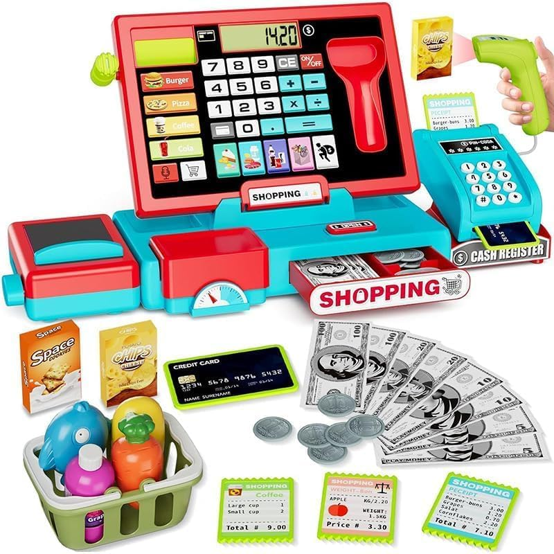 HUAJUN Children'S Electronic Cash Register Toy, Lighting and Sound Shopping Cashier Pretend Game Store, with Calculator/Scanner/Credit Card/Game Currency/Weighing Table, for Toddler Boy Girl image number 3