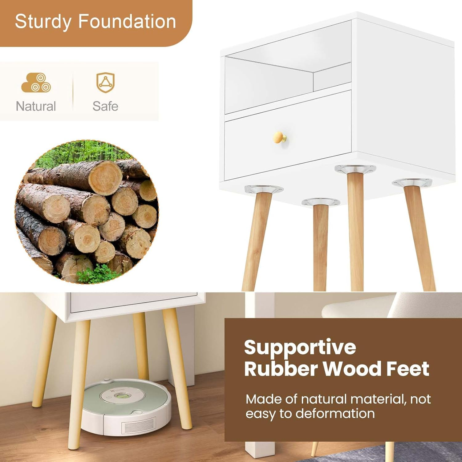 Bedside Table Drawers Side Organiser 40L&times;30W&times;59H, Small Desk Chest with Drawers,Bedroom Living Room Home Furniture Tallboy Lamp Stand Nightstand Cabinet (White) image number 5