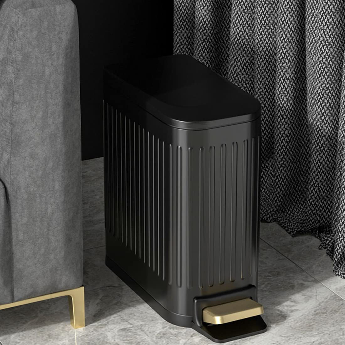 Small Bathroom Trash Can with Lid Soft Close, 6 Liter Pedal Bin, Stainless Steel Slim Garbage Bin with Inner Bucket for Bedroom, Office, Kitchen (Black) image number 2