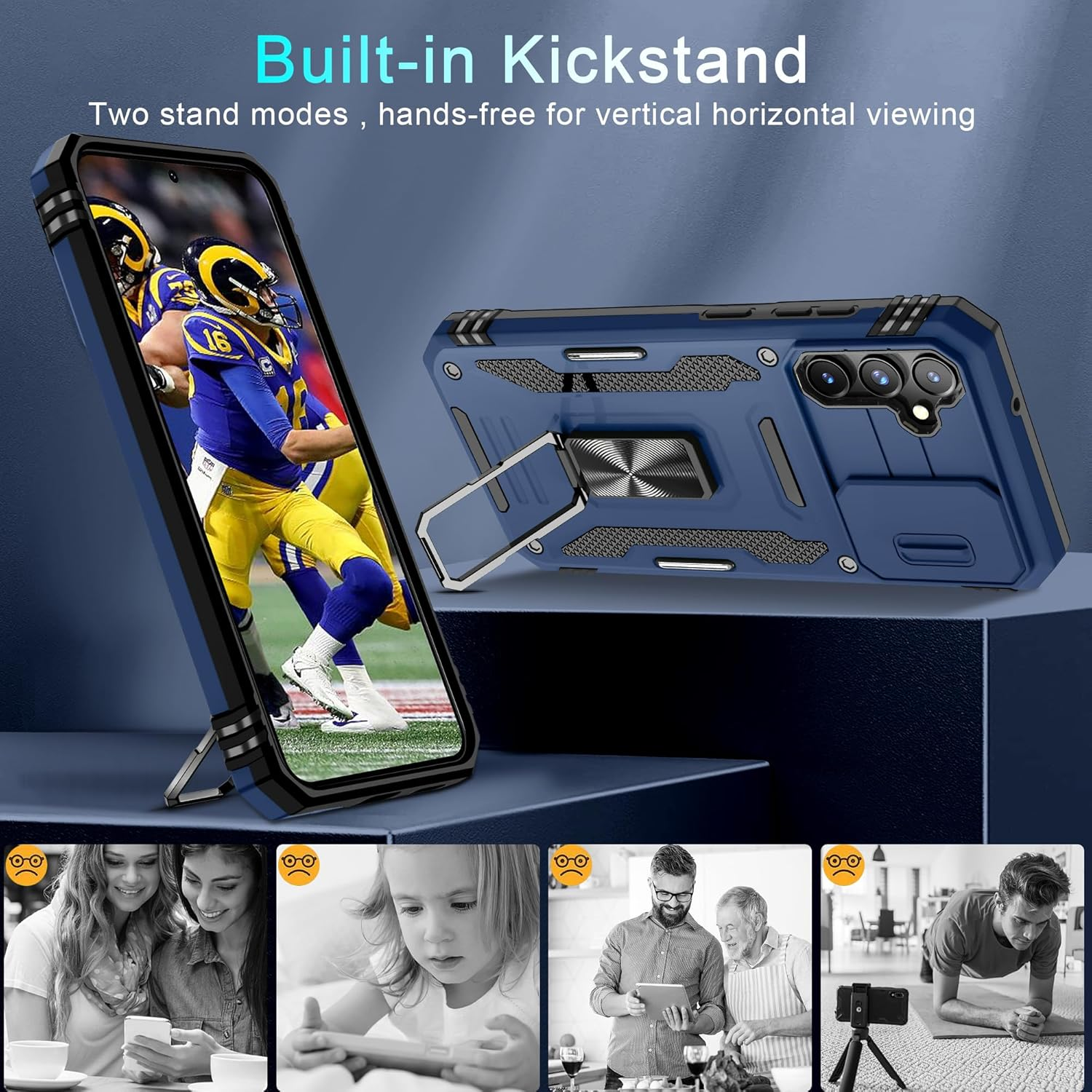 DEERLAMN Case for Samsung Galaxy S23 FE 6.4-Inch with Slide Camera Cover+Screen Protector(1 Pack),Rotated Ring Kickstand Military Grade Shockproof Protective Cover-Navy Blue image number 3