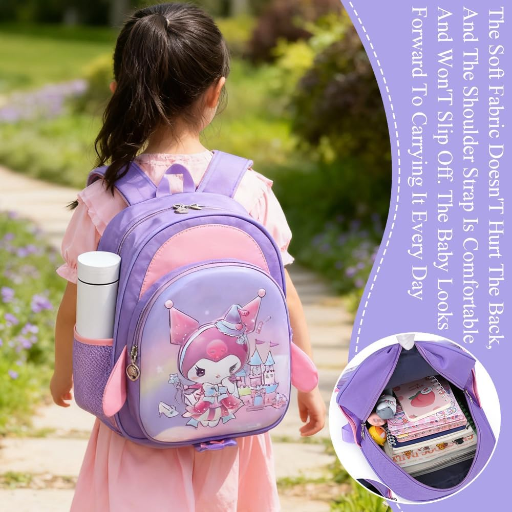 Kindergarten School Bag, Cute Cartoon Backpack, Load-Reducing Backpack, with Reflective Strips, Large Capacity, Multiple Pockets, Waterproof, Suitable for 3-6 Years Old (Purple) image number 1