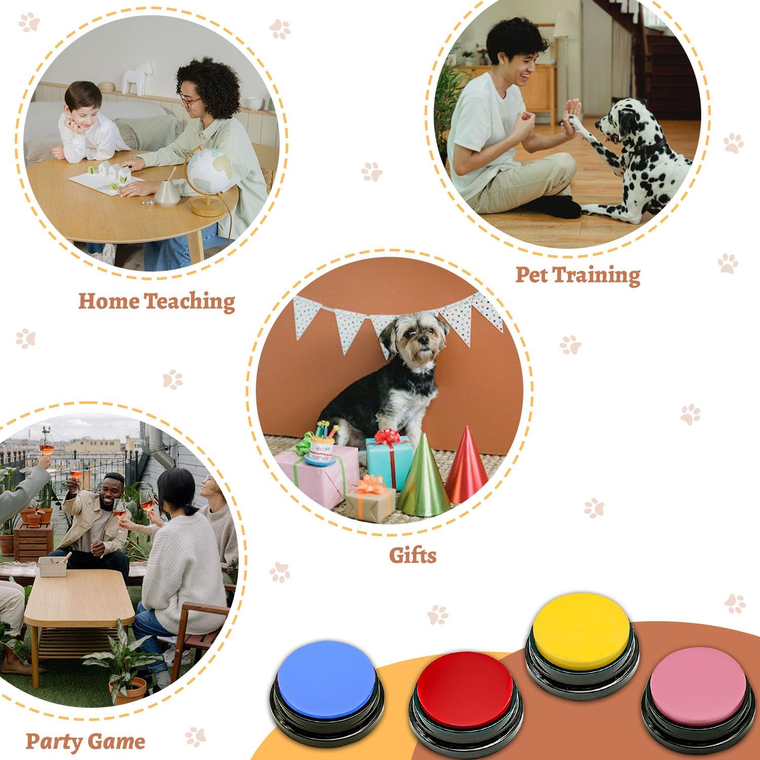 BUYVIKAY Set of 4-Colour Dog Button, Buzzer with Recording Function, Dogs, Pet Training, Dog Button for Communication, 30-Second Voice Recording Button