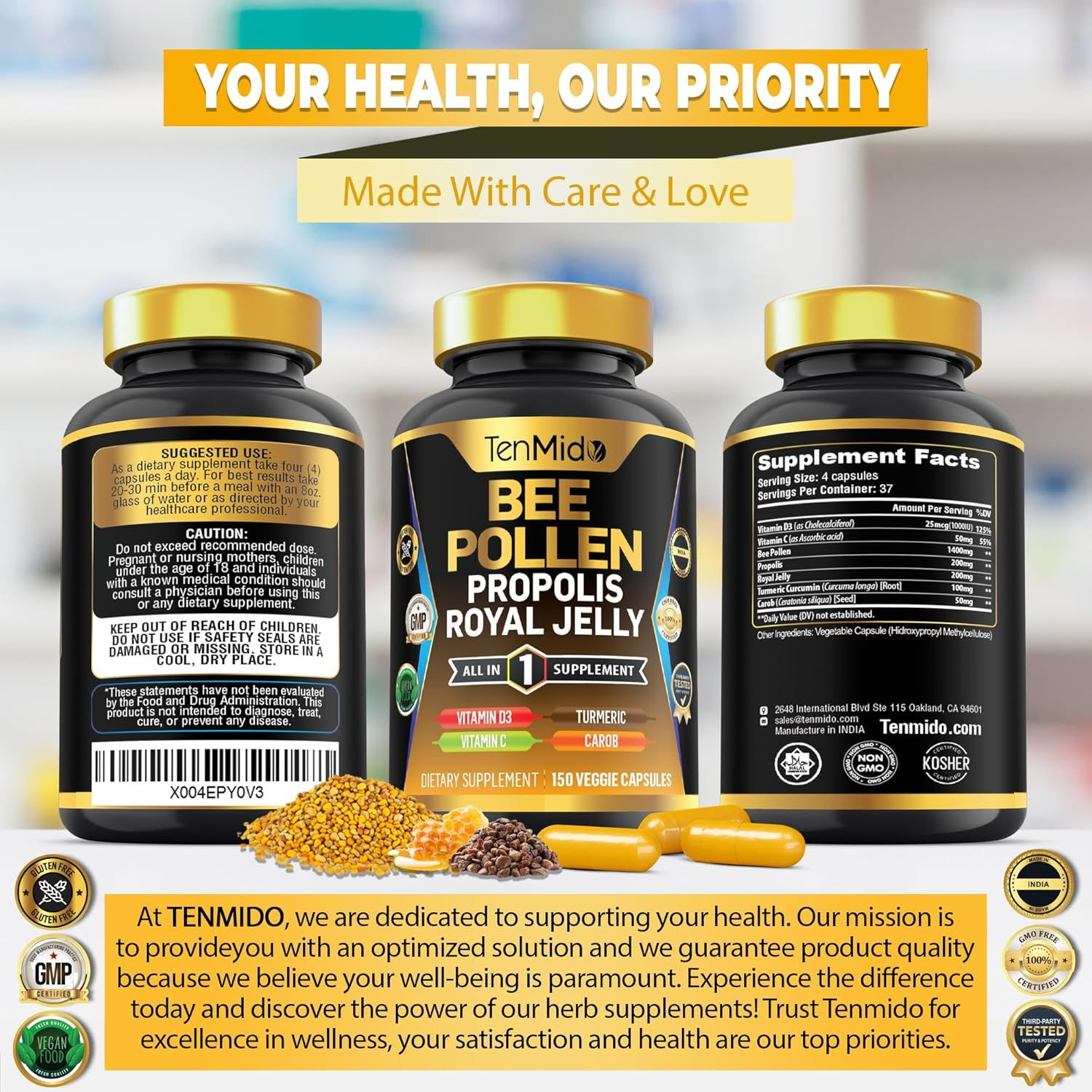 Bee Pollen Capsules for Men and Women, 7In1 Formula with Propolis, Royal Jelly, Turmeric, Carob & More -150 Capsules image number 6
