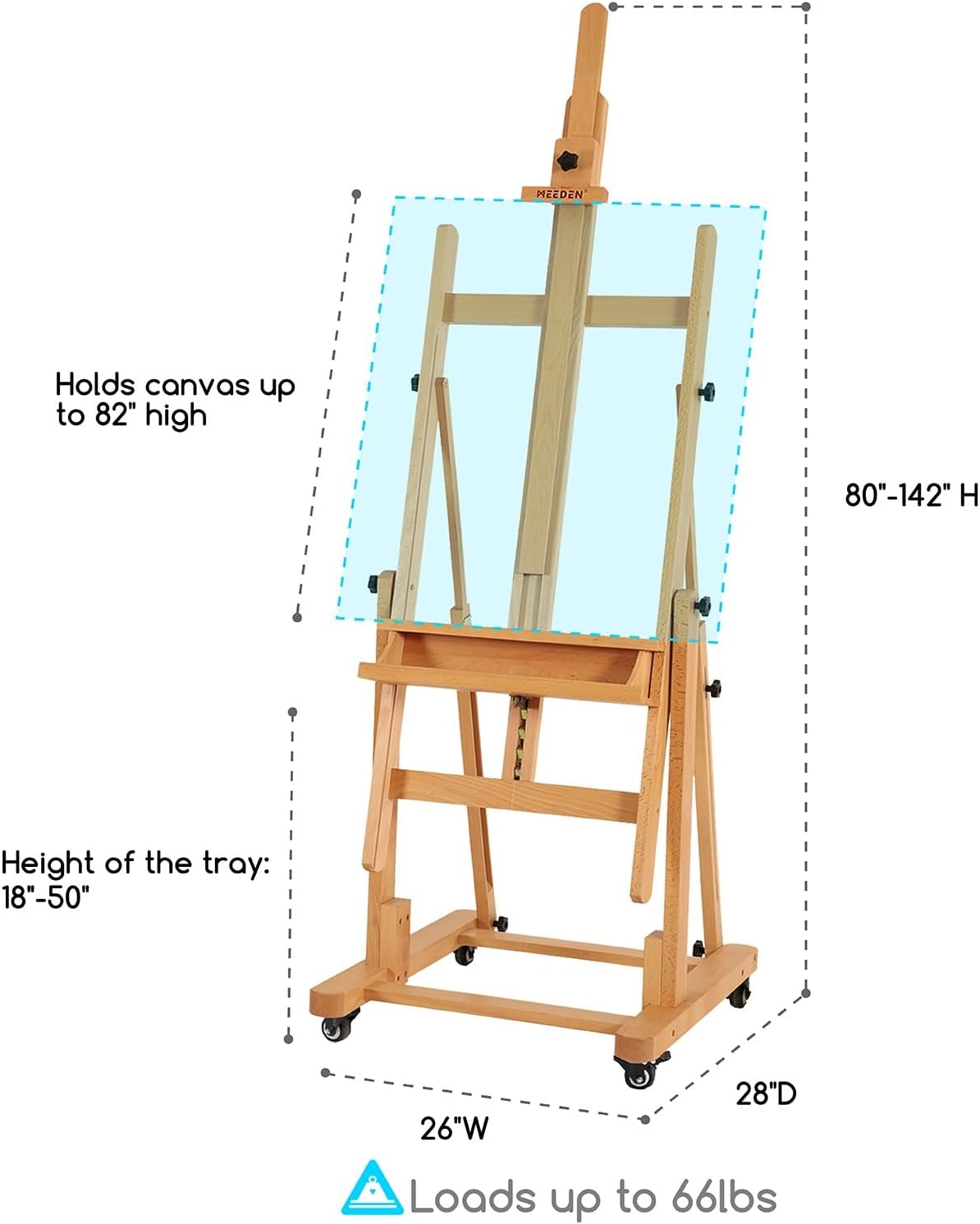 MEEDEN Extra Large Heavy-Duty H-Frame Studio Easel - Solid Beech Wooden Artist Professional Easel, Painting Art Easel Stand with 4 Premium Locking Silent Caster Wheels, Hold Max 82" image number 1