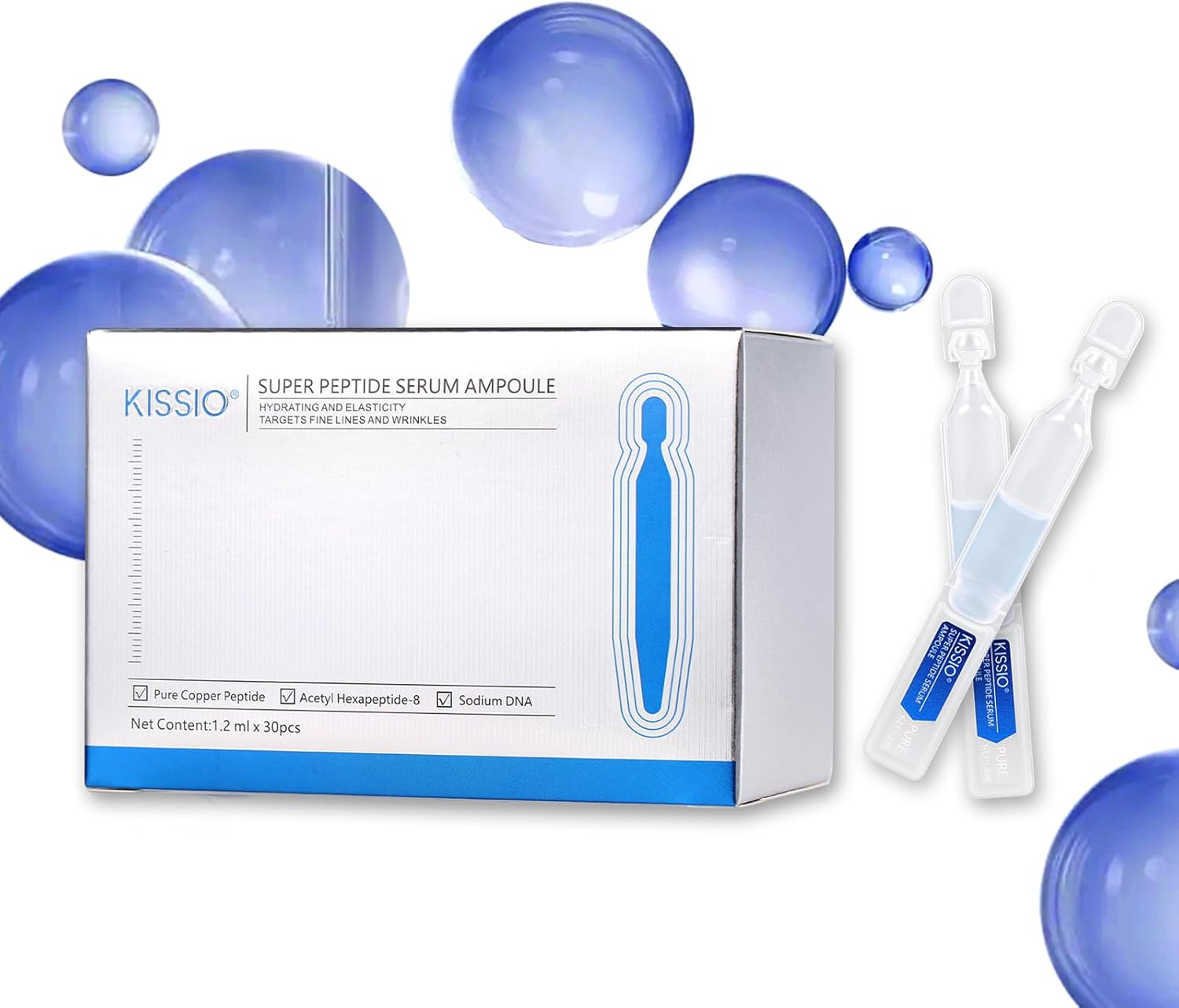 KISSIO Super Peptid Serum Ampoule,Face Serum with Copper Tripeptides,Collagen and Peptides,Hydration and Elasticity,Rejuvenating Facial Serum for Fine Lines and Wrinkles,Makeup Base,30 Ampoule image number 2