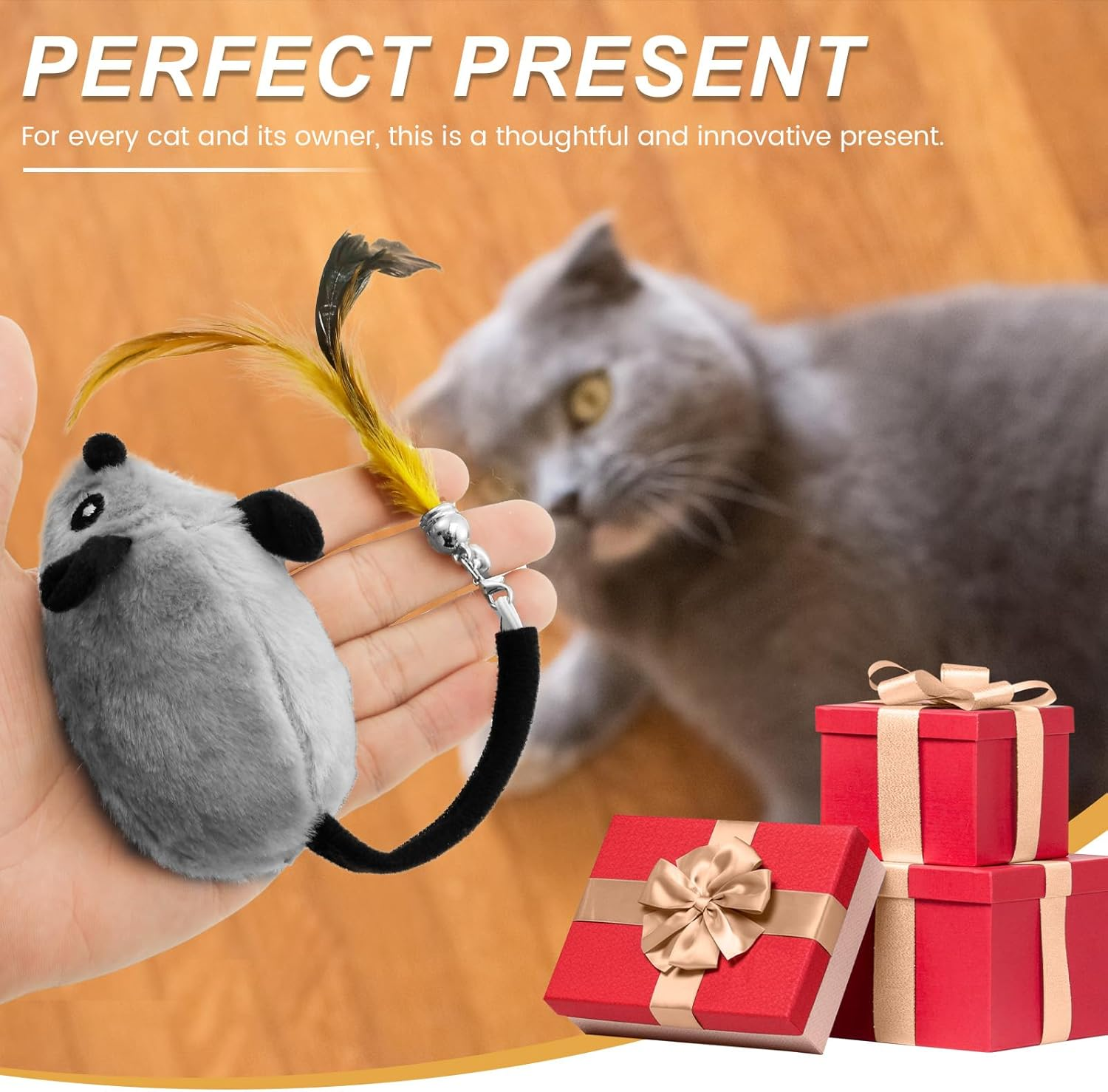 Interactive Cat Toys Mouse Moving Cat Toys Mouse for Indoor Cats, Safe Mouse Toy Feather Bell Tail Realistic LED Cat Mouse Toys Versatile Rechargeable LED Cat Mouse Toy (Grey) - Grey image number 2