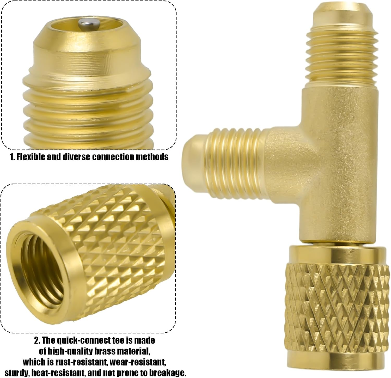 2Pcs Quick Coupler Access Tee, 1/4'' Brass SAE Valves Core Tee Adapter Air Conditioning Parts for R22 R12 R134 Gauge Deep Vacuum Pump Manifold image number 6