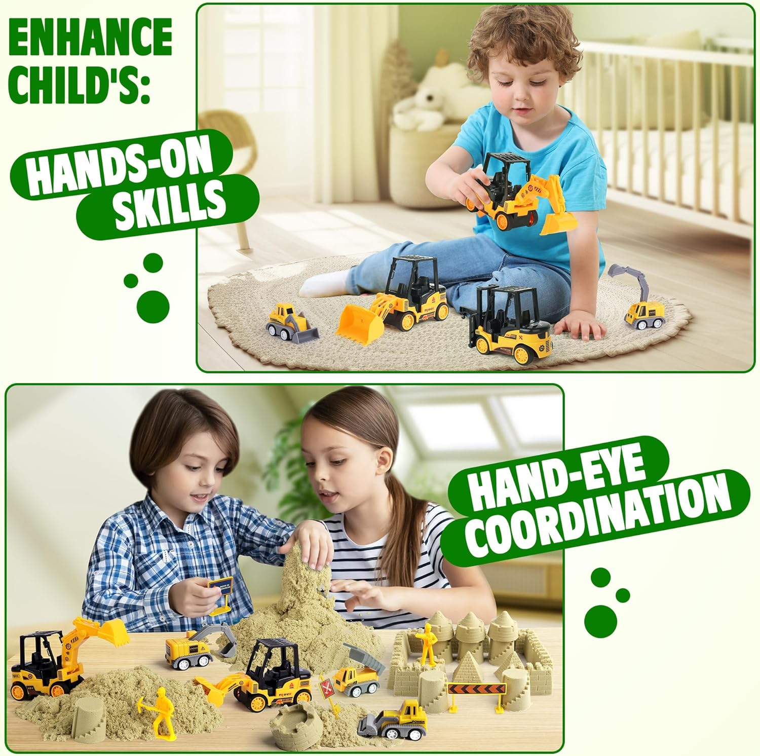 Billeeit Sand Construction Kit with a Big Foldable Sandbox and 2.2Lbs Magic Sand, Truck Sand Construction Toys Including Castle Molds and Other Accessories 36Pcs Total, Play Sand Art Set for Kids 3+ image number 5