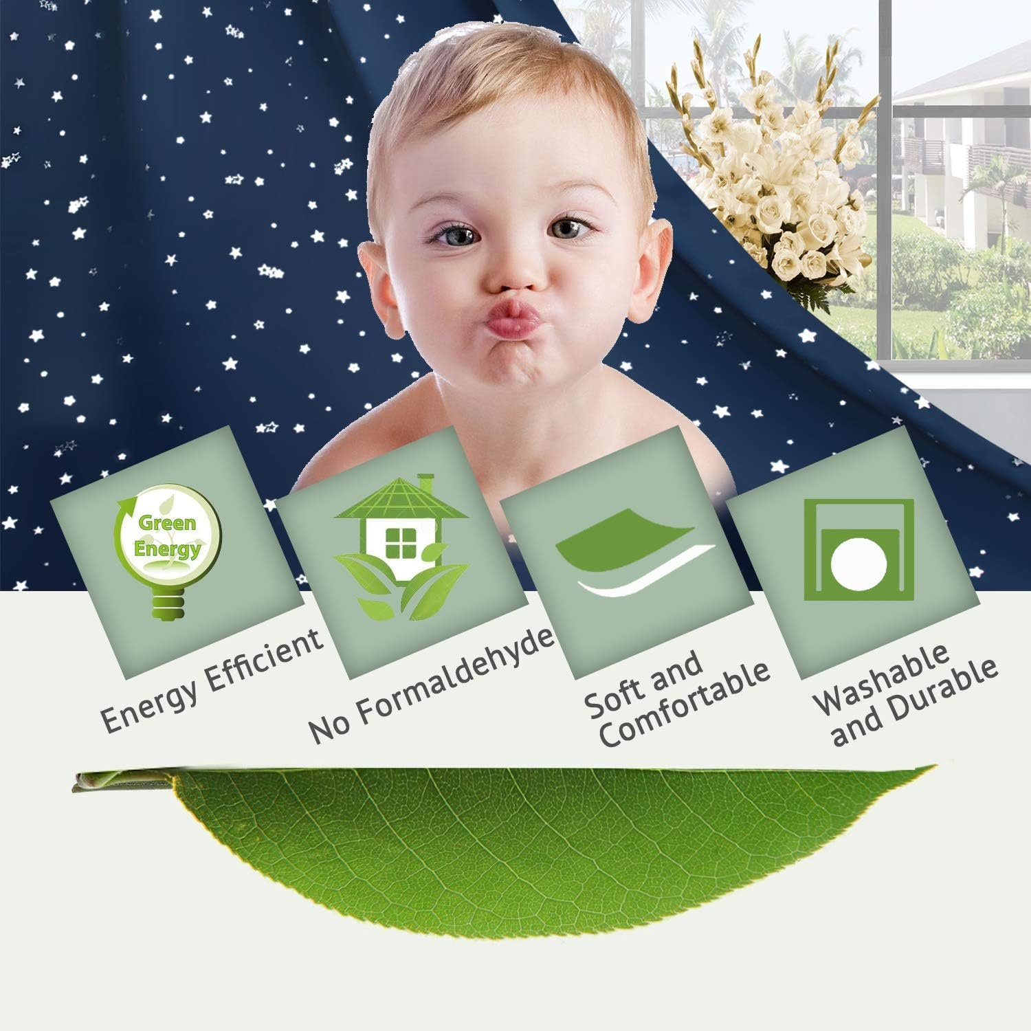 Smarcute Blackout Kids Room Curtains Twinkle Stars Blockout Bedroom Curtain Draperies for Boys/Girls - Thick Soft Fabric with Eyelet Top, Each Piece W132Cm by D160Cm, Sold by Pair, Navy image number 2