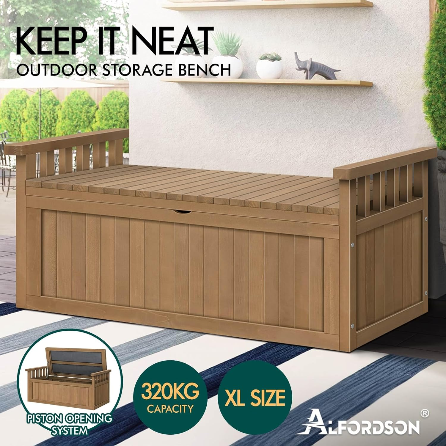 ALFORDSON Outdoor Wooden Bench Storage Box 200L Capacity, Durable Fir Wood Cabinet Garden Seatwith Tool Chest Toy Storages Container for Patio Garden Lawn Balcony, 320Kg Weight Capacity Natural Color image number 1