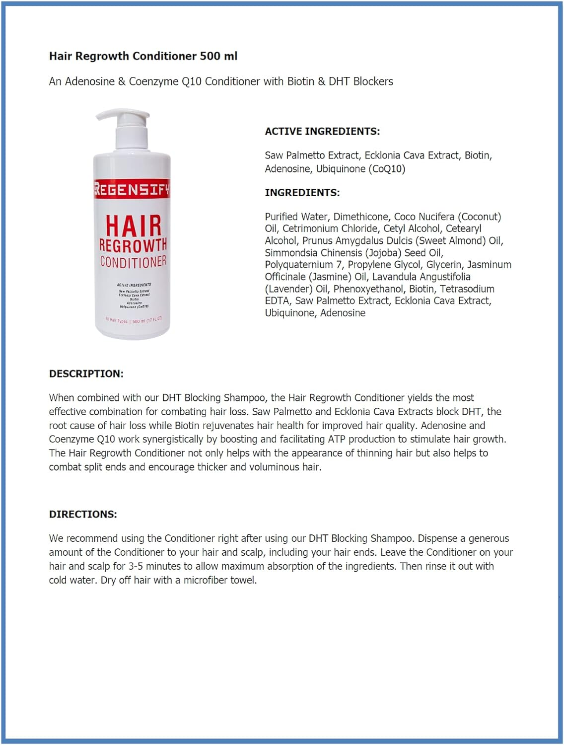 REGENSIFY Hair Regrowth Conditioner 500 Ml (17 FL Oz) [Adenosine and Coenzyme Q10 Conditioner with Biotin & DHT Blockers] image number 5