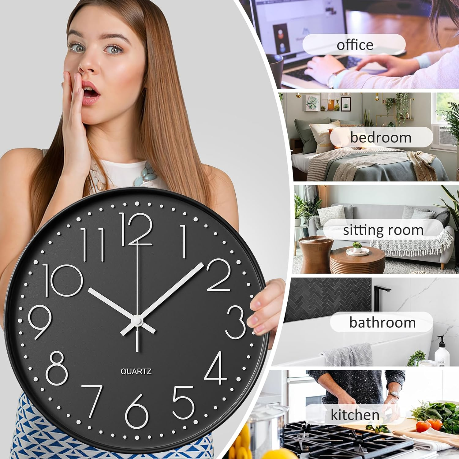 LEFAFA Wall Clock, 12 Inch Silent Non Ticking Wall Clocks Battery Operated, round Easy to Read, Silent Wall Clock for Bedrrom Living Room Kitchen School Office Home Decor (Black) image number 3