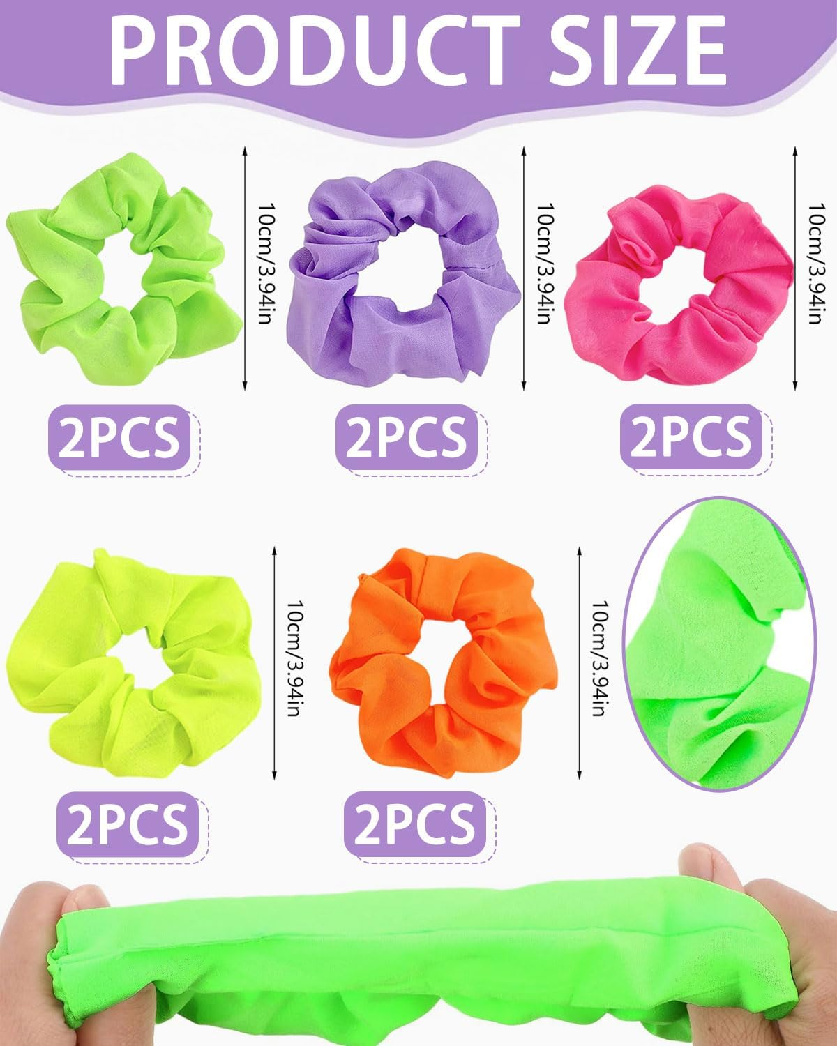 MYGLOAR 10 Pack Silk Hair Bands for Women, Satin Headbands, Soft Stretch Silk Headbands, Hair Ties for Women and Girls, 5 Colors - Orange, Green, Purple, Red, Yellow, Luminous Hair Ties image number 4