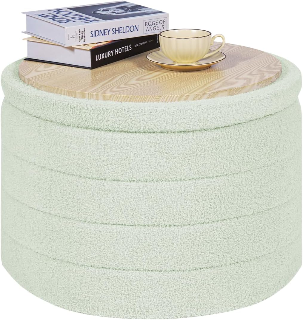 PINPLUS round Storage Ottoman, Foldable Sherpa Ottoman Footstool Storage with Coffee Table for Living Room, Bedroom, Dorm (Dark Grey) 14.6"X14.6"X17.7"