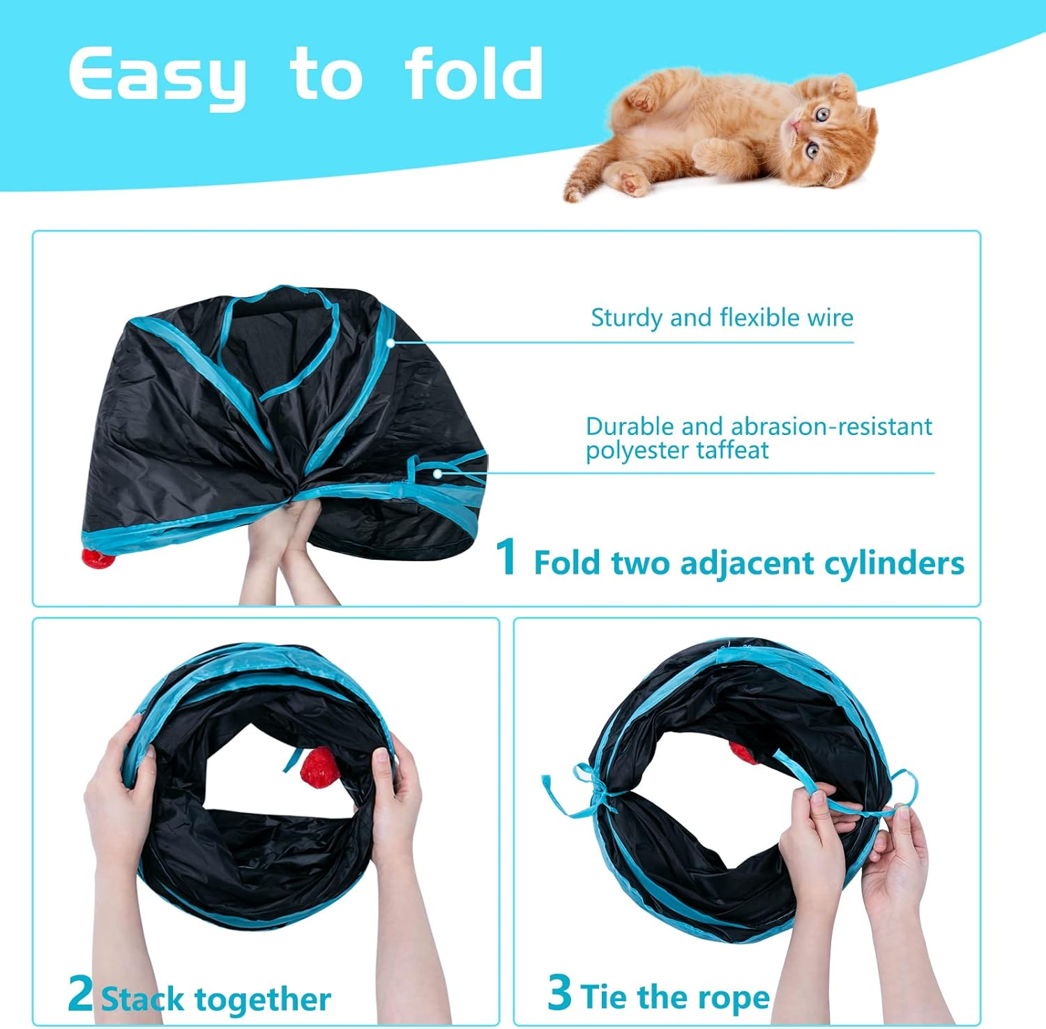 Sheldamy Cat Tunnel, 2-Way Collapsible Play Tunnel, Interactive Toy Maze for Small Animals, Suitable for Kittens, Puppies, Rabbits, Ferrets, Blue & Black - 2 Way Multicolor image number 5