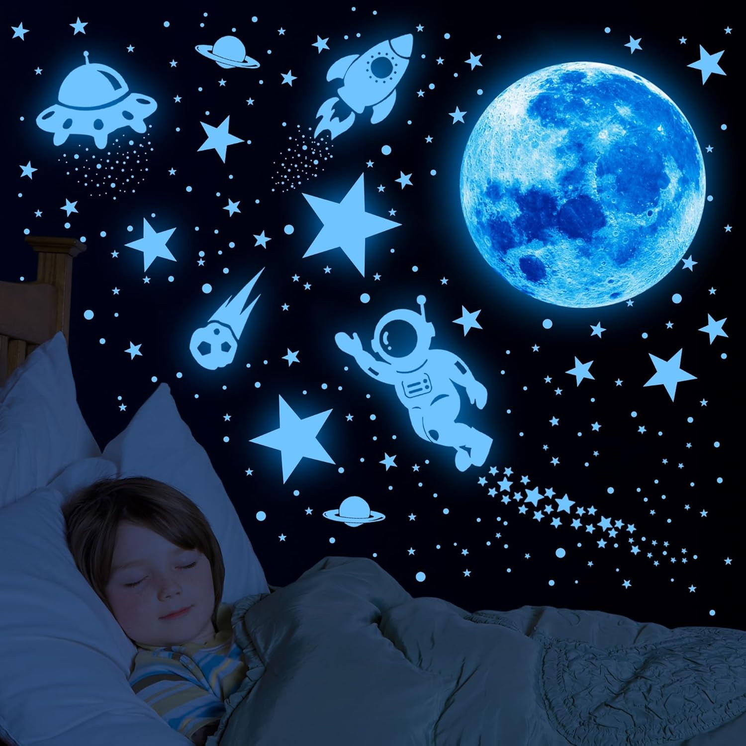 Glow in the Dark Stars and Planet Wall Stickers,Galaxy Astronaut Rocket Spacecraft Alien Decoration,Planet Wall Decals,Bright Solar System Wall Stickers for Kids, Lanets Spaceship Stars Blue image number 4