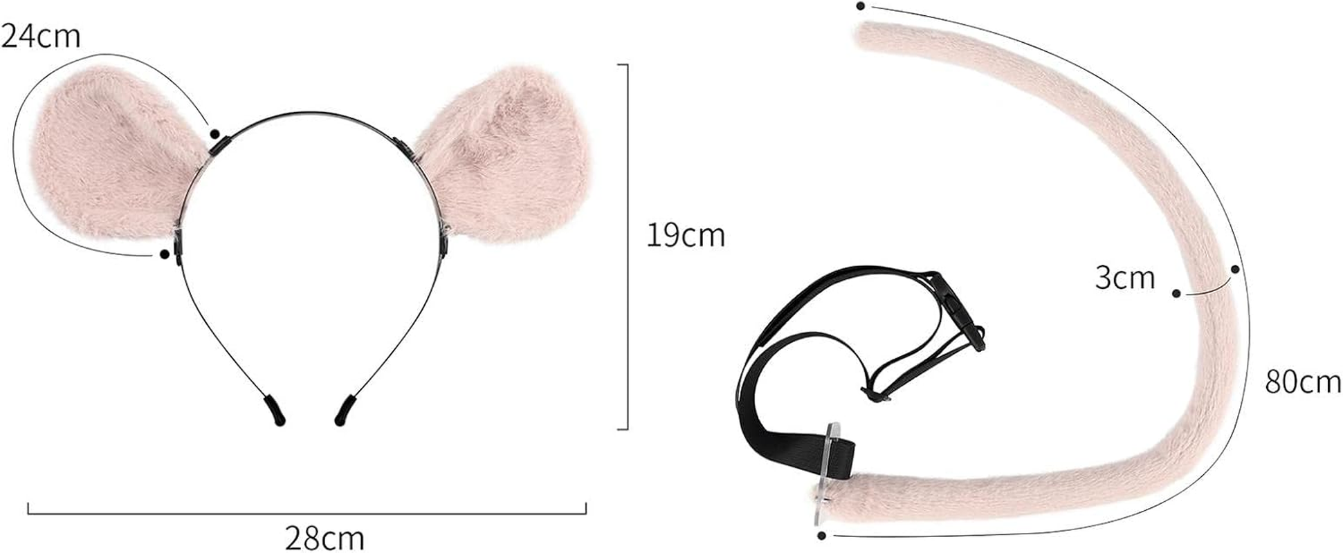 2 Pieces Mice Costume Set Mice Ears Headband and Tail Party Decoration Plush Hair Hoop Headwear Hair Accessories for Role Play Masquerade, Pink image number 3