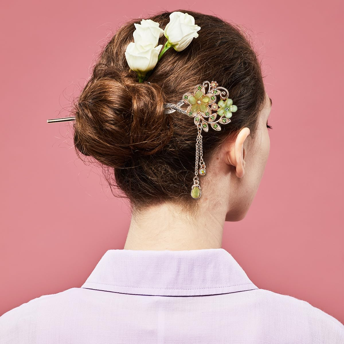 FERCAISH Pack of 2 Metal Opal Flower Hair Sticks, Vintage Hair Stick, Chinese Hair Pins, Elegant Hair Stick, Suitable for Prom, Party, Daily Life (Blue, Green) image number 6