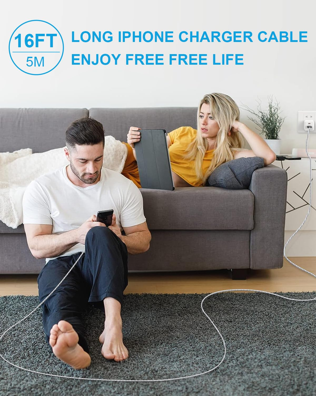 5M Long USB C Cable, 60W USB-C/A to USB-C PD Fast Charging Type C Charger Cable for Iphone 17 16/15 Series, Android, Ipad, Macbook, Pixel image number 4