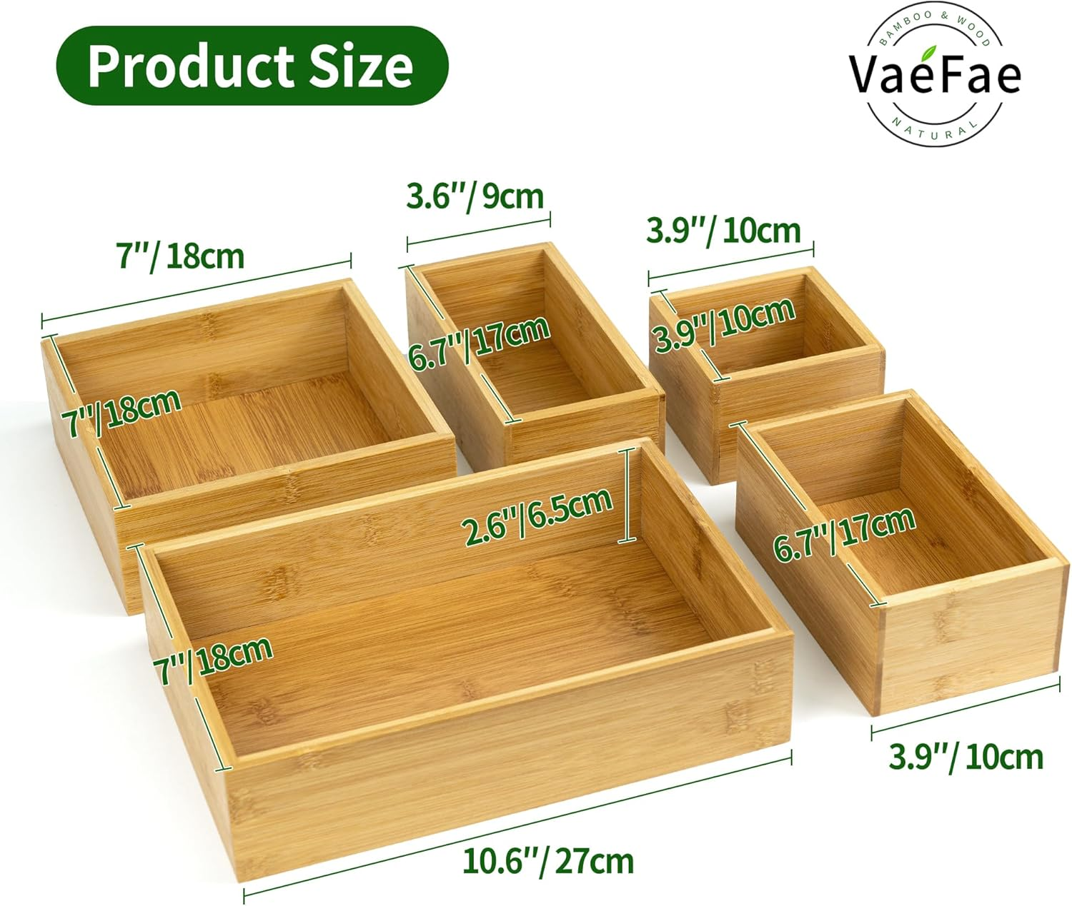 Vaefae Bamboo Organizer Box, Bamboo Drawer Organizer, Multi-Use Wooden Box Set for Kitchen, Bathroom, Office Desk, Bedroom and Living Room image number 5
