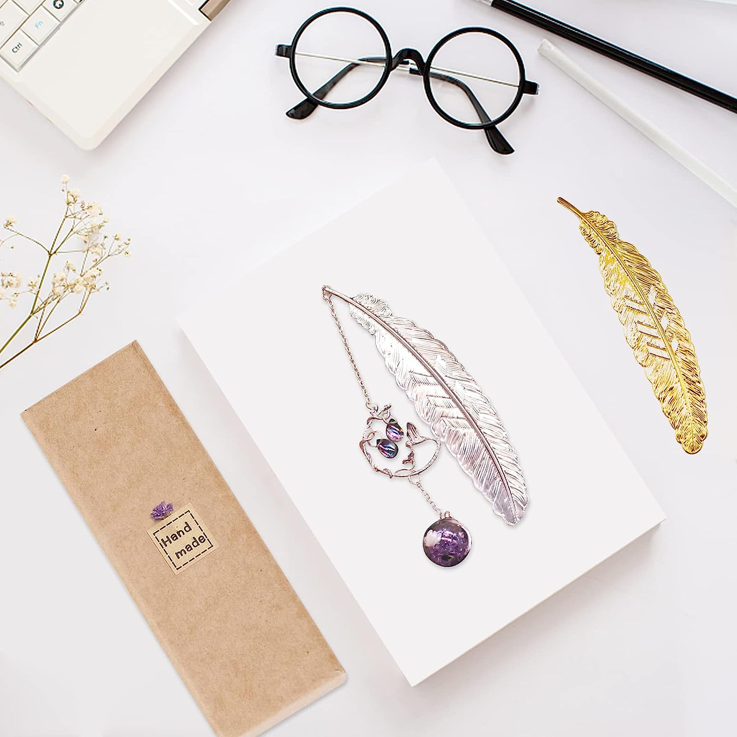 SAYEEC Metal Feather Bookmark Rose Gold Bookmarks with 3D Hummingbird Pendant Unique Book Marks Page Marker Teacher Appreciation Mother'S Day Valentine'S Day Birthday Gifts for Women Girls Book Lovers