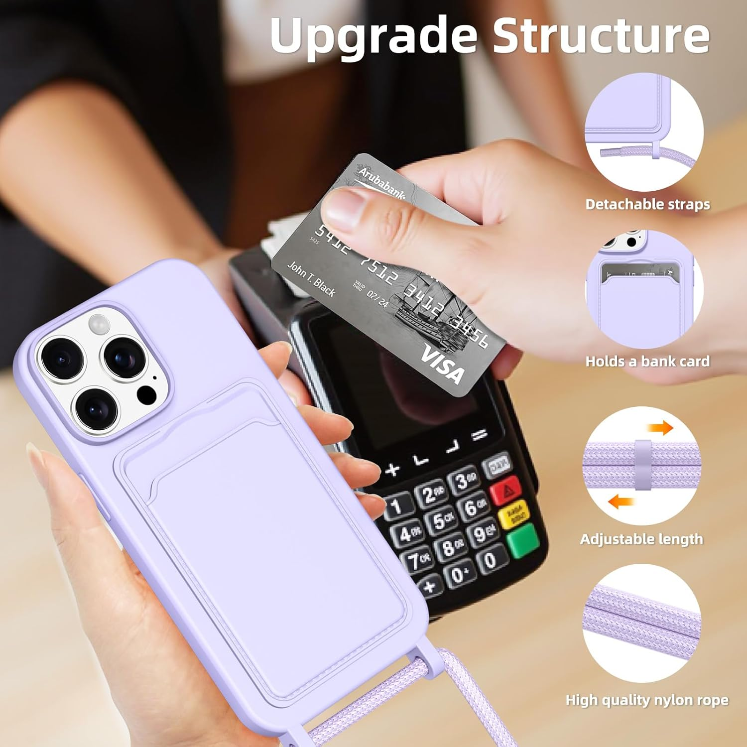 Vauki Mobile Phone Chain Silicone Case for Iphone 13 Pro with Strap, Mobile Phone Case with Card Slot, Removable Adjustable Cord Chain for Hanging, Shockproof Protective Case for Iphone 13 Pro Cord image number 4