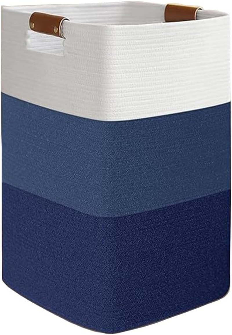 Laundry Basket, Large Laundry Basket, Decorative Cotton Rope Woven Basket, Cotton Woven Storage Basket with Leather Handles for Living Room, Bedroom, Blankets, Clothes (White Blue) image number 1
