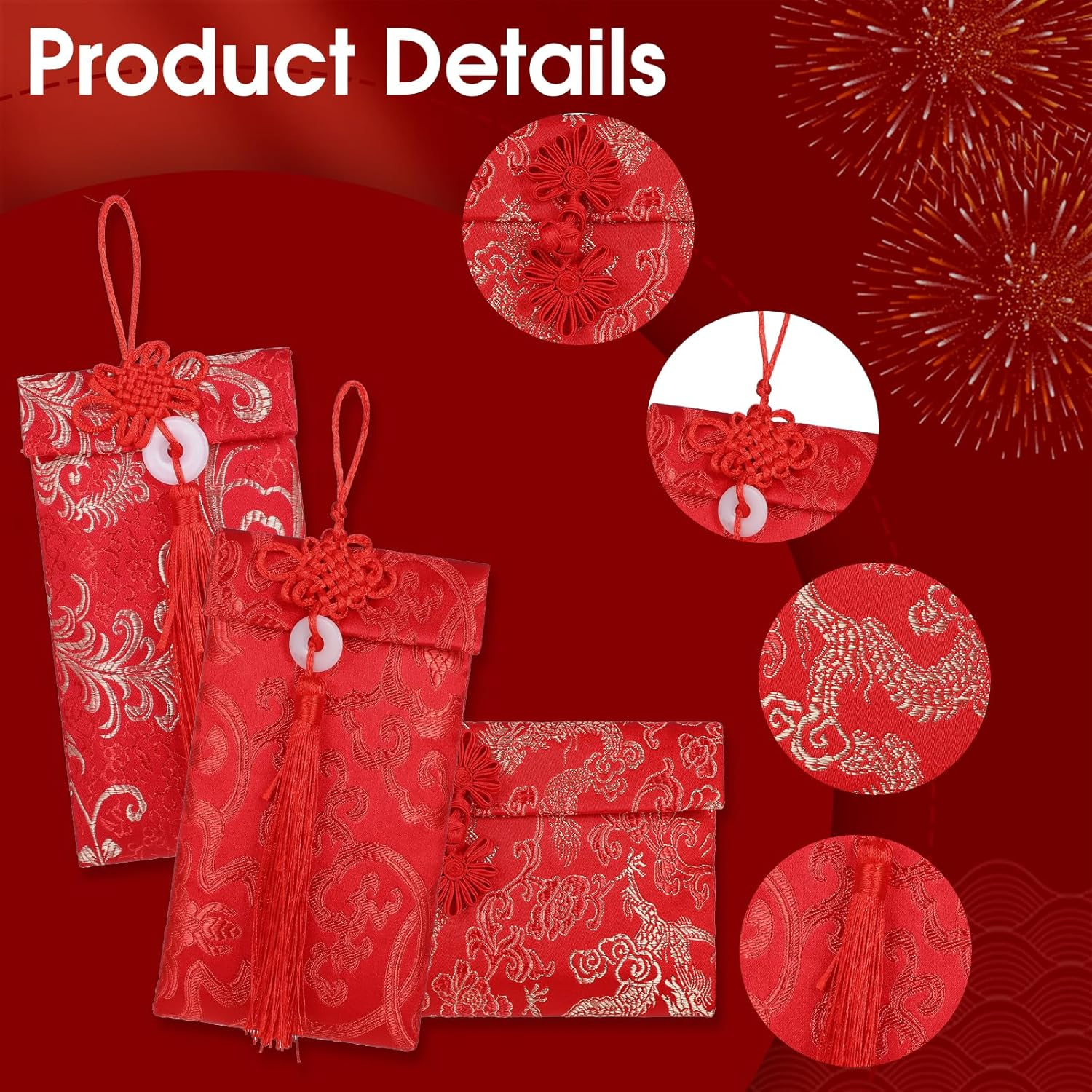 4 Pcs Silk Red Envelopes Chinese Dragon and Phoenix Embroidered Chinese Red Pocket Lucky Pockets Hongbao Invitation Card Cash Envelope for New Year Spring Festival Wedding Birthday Chinese Knot Button image number 6