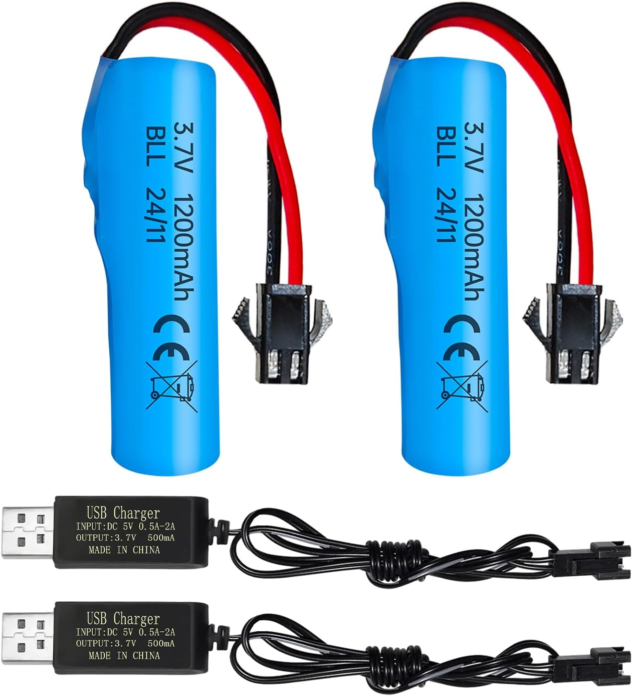 Fytoo 2PCS 3.7V 1200Mah Li Ion Battery SM-2P Plug with USB Charger Suitable for Double-Sided Remote Control Stunt Truck RC Car DE68 DE44 DE45 DE58 DE49 DE57 DE70 Toy Car Battery image number 2
