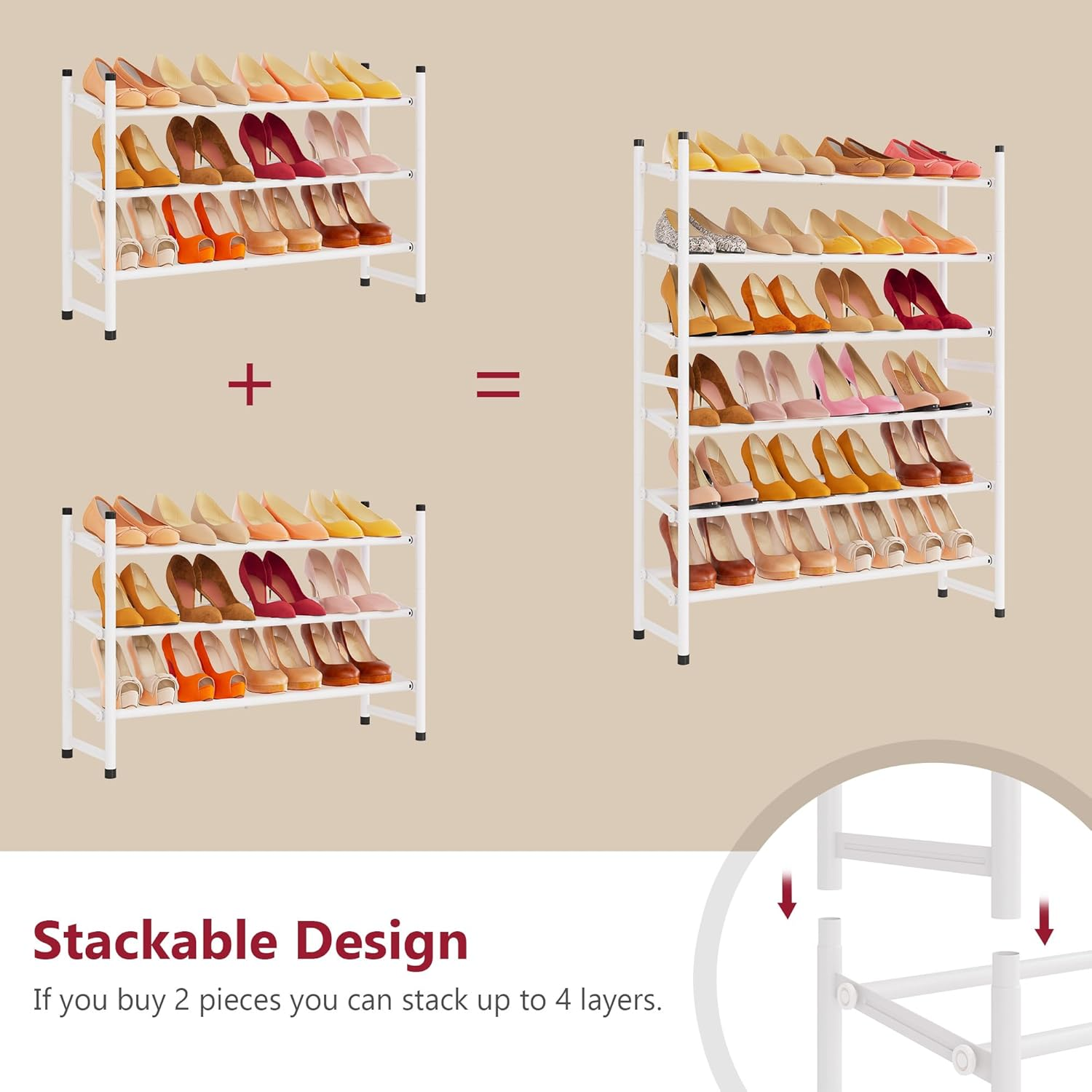 Tajsoon Expandable Shoe Rack for Closet 3 Tier, 28&ldquo;-41&ldquo;Adjustable & Stackable Shoe Shelf Storage, Metal Shoe Rack Organizer for Front Door Entrance, Closet, Garage, Entryway, White