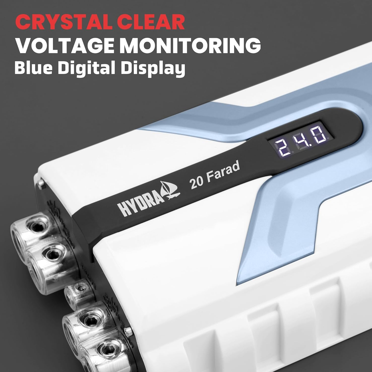 Pyle 20 Farad Digital Power Capacitor, High-Performance Car Audio Accessory with Blue Digital Display Voltage Readout and LED Flash, over Voltage Protection, Mounting Hardware, DC 12-24V image number 1