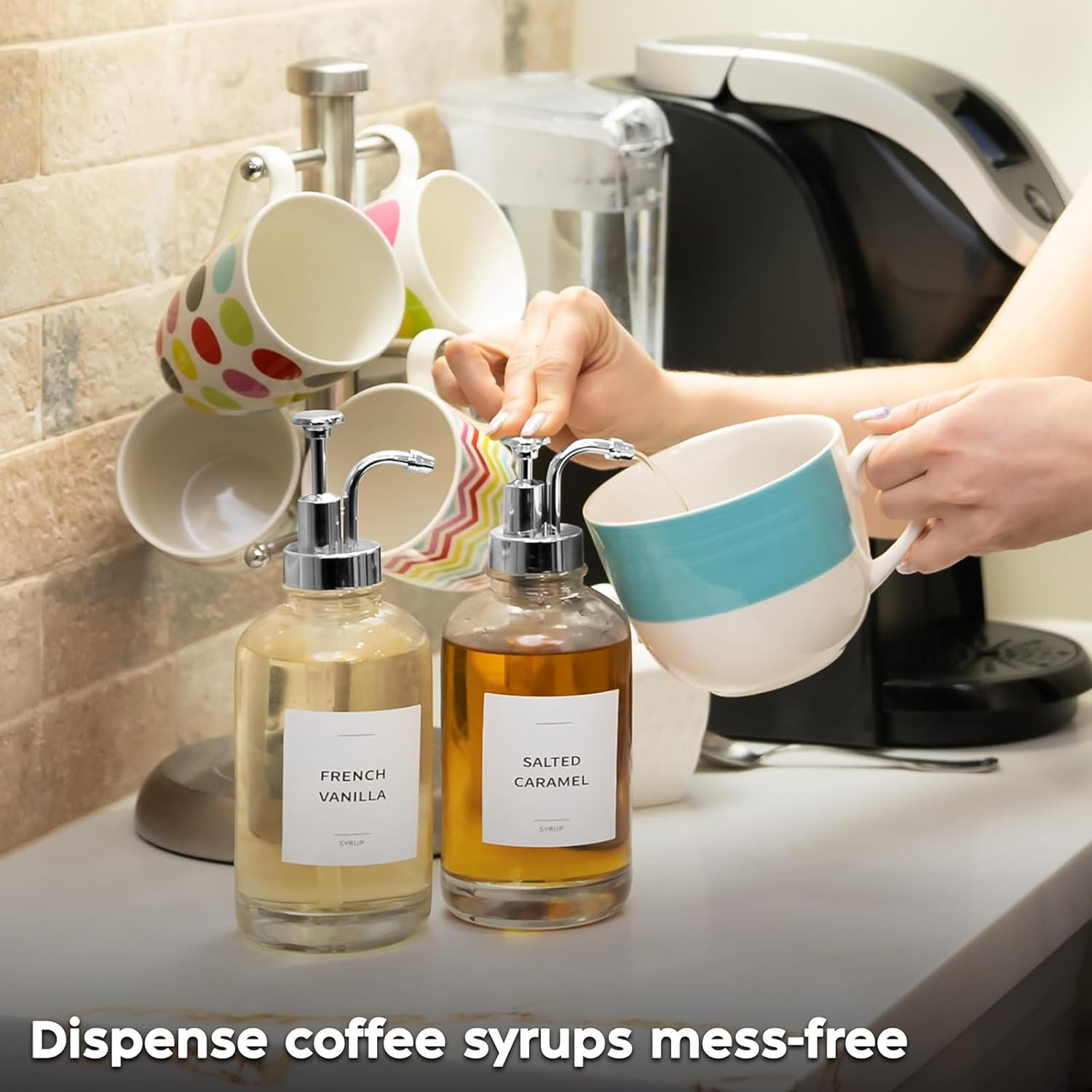 Syrup Dispenser, Coffee Syrup Dispenser Set - Glass Syrup Bottle with Pump for Coffee Bar - 16.9 Oz 500 Ml - Set of 2, Gold image number 4
