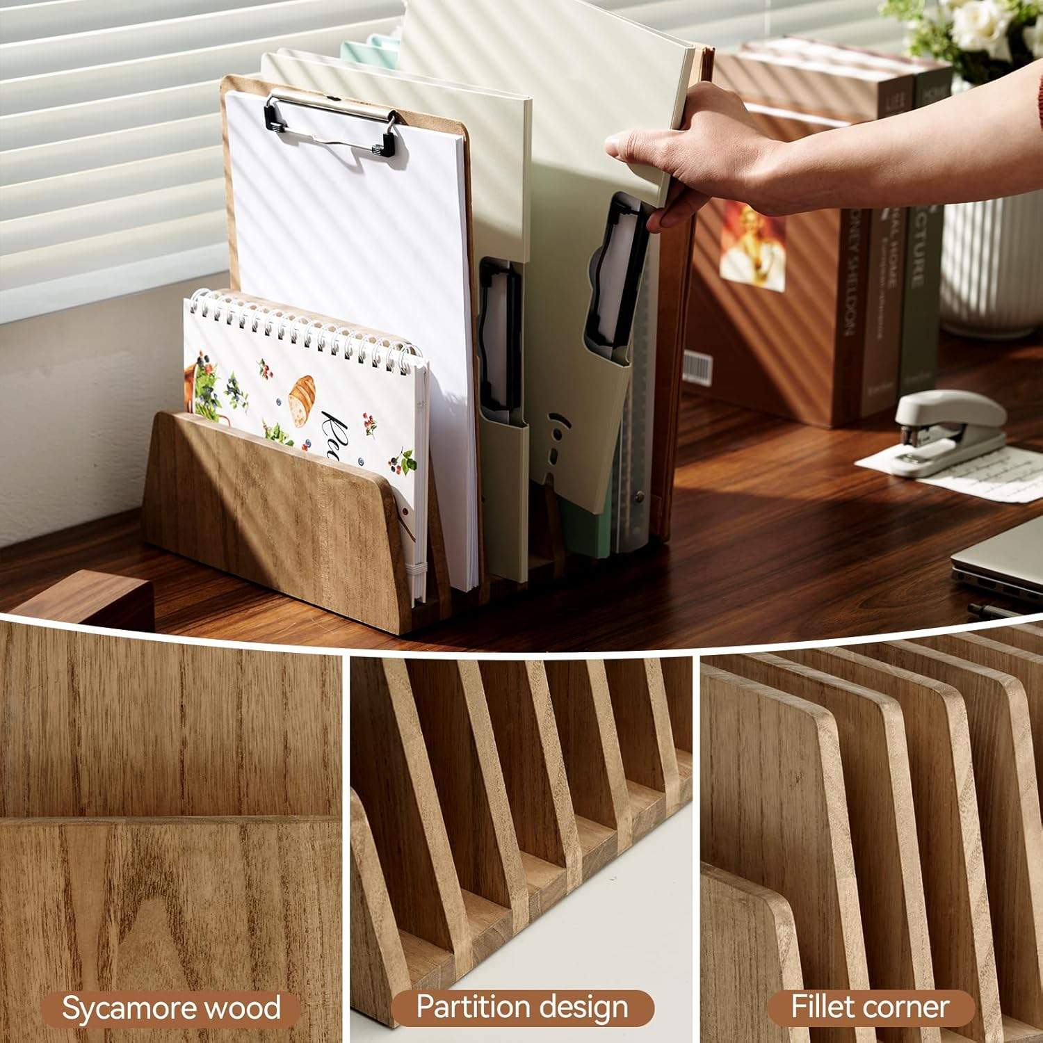 KIRIGEN Wood File Mail Organizer 7 Slots File Paper Holder Desktop Wood Document Letter Holder Organizer for Home Office Brown (7KWJJ-DBR) image number 7