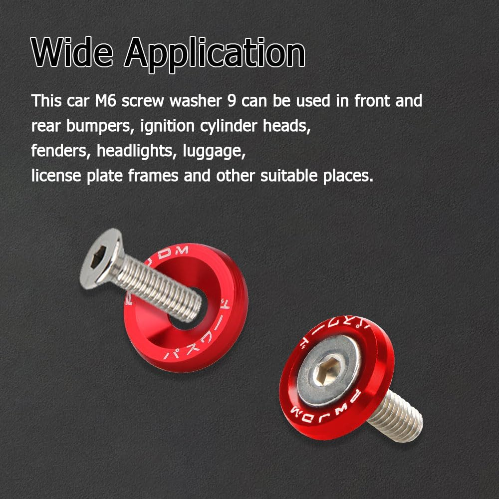 Fender Bumper Washer Bolt, Aluminum Fender Washer Engine Bay Dress up Kit, Fasteners M6 JDM Fender Washer Kit Fits Bumper Washer Bolt, Headlights, Trunk Engine Bay Dress up (Red) image number 2