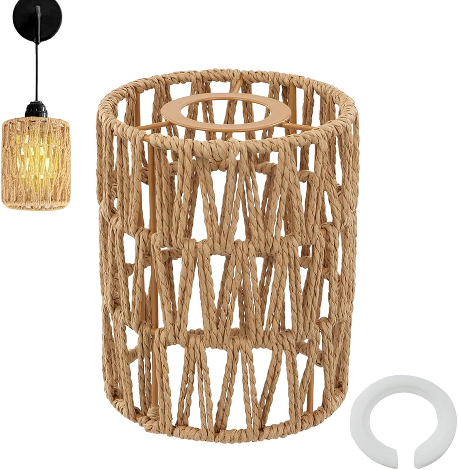 Rattan Lampshade Wicker 1 Piece Table Lamp Replacement Shade Accessories with 1 Adapter Ring Lampshade Boho Floor Lamp Pendant Light Shade for E27, E14 Floor Lamp, Table Lamp image number 3