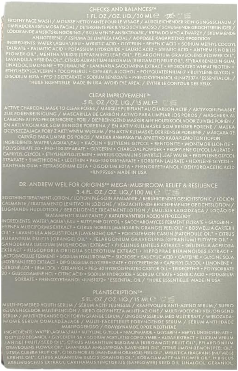 Origins Best Sellers Set by Origins for Women - 5 Pc 1Oz Checks Face Wash, 3.8Oz Lotion, 0.5Oz Clear Charcoal Face Mask,1.62Oz Serum, 1.69Oz Moisturizer