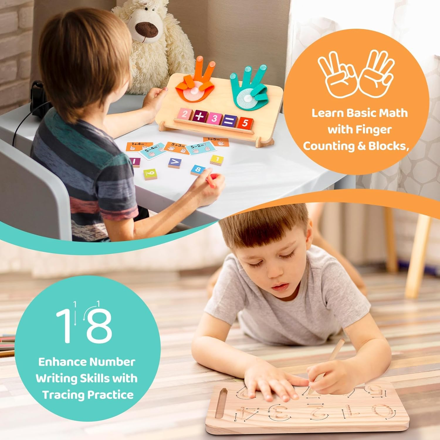 Montessori Learning Toys for Toddlers 2-4, Double-Sided Finger Counting & Number Tracing Board, Colorful Number Blocks, Solid Pine Wood Educational Math Toy for Kids Boys Girls Ages 1 3 5 Year Old image number 4