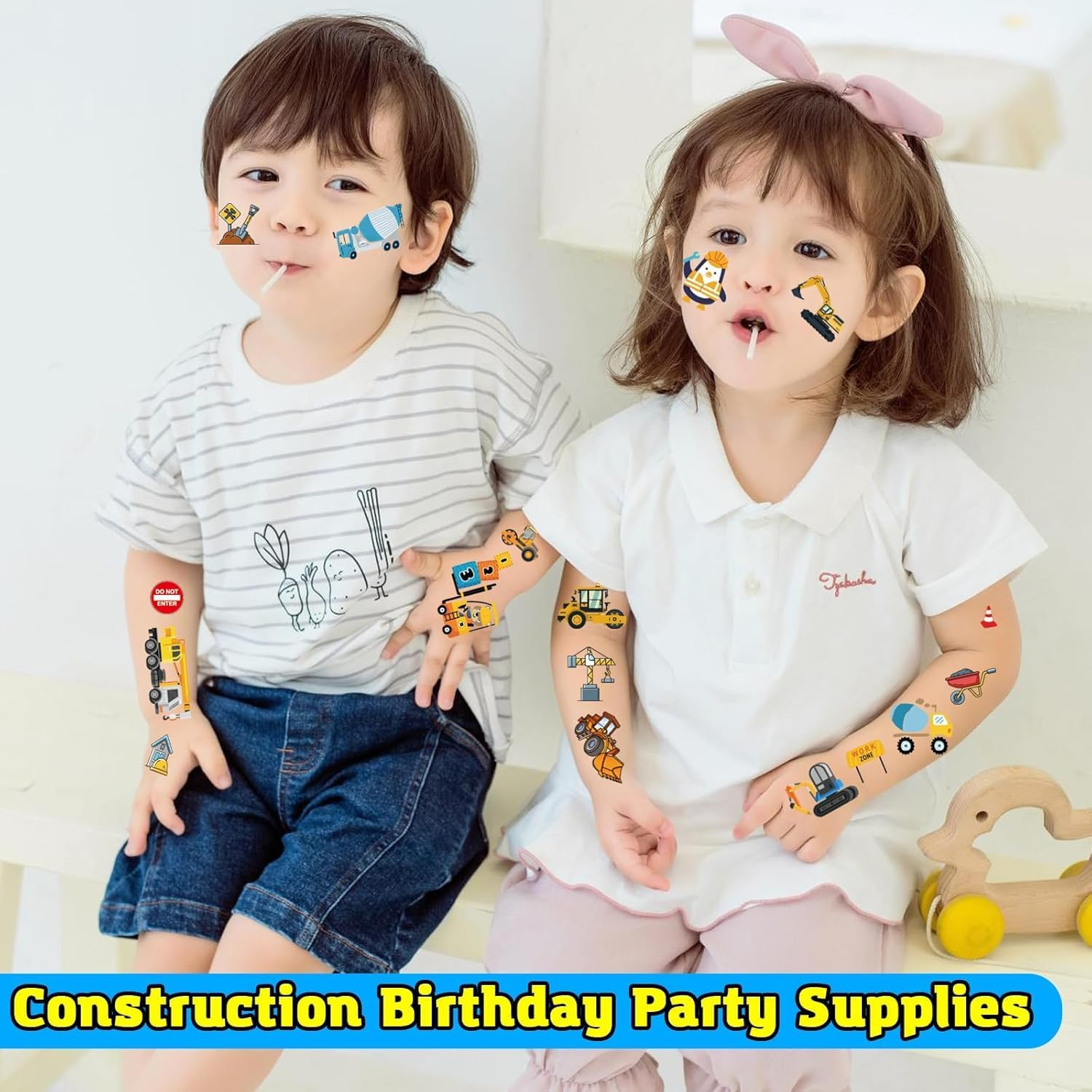 10 Sheets Construction Trucks Temporary Tattoo for Kids, 120 Pcs Vehicles Fake Tattoos for Boys Party Favors, Cars Birthday Supplies Decorations