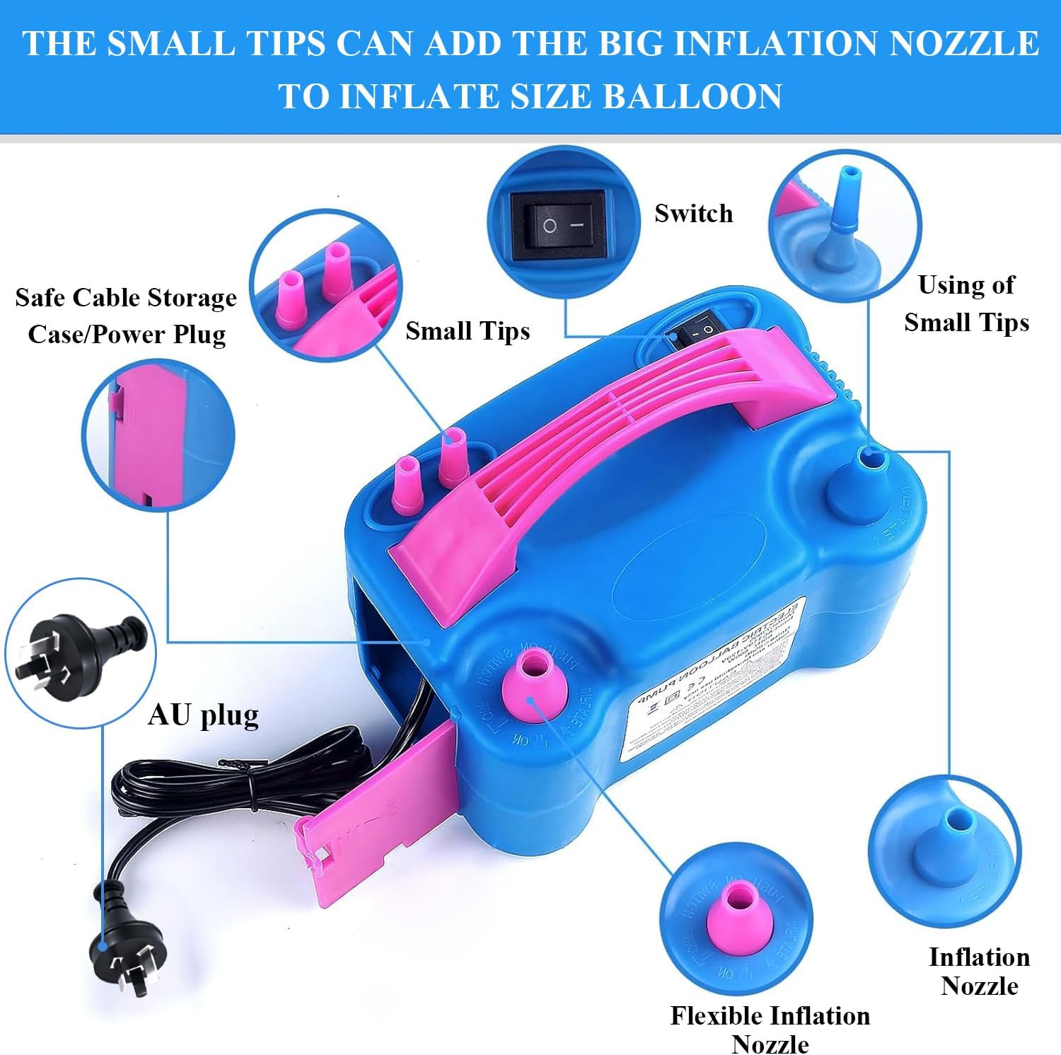 NOAEOU Electric Balloon Pump, Dual Nozzle 220V-240V 600W Balloon Inflator Portable Air Pump Balloon Blower with Tying Tool for Party Decorations image number 5