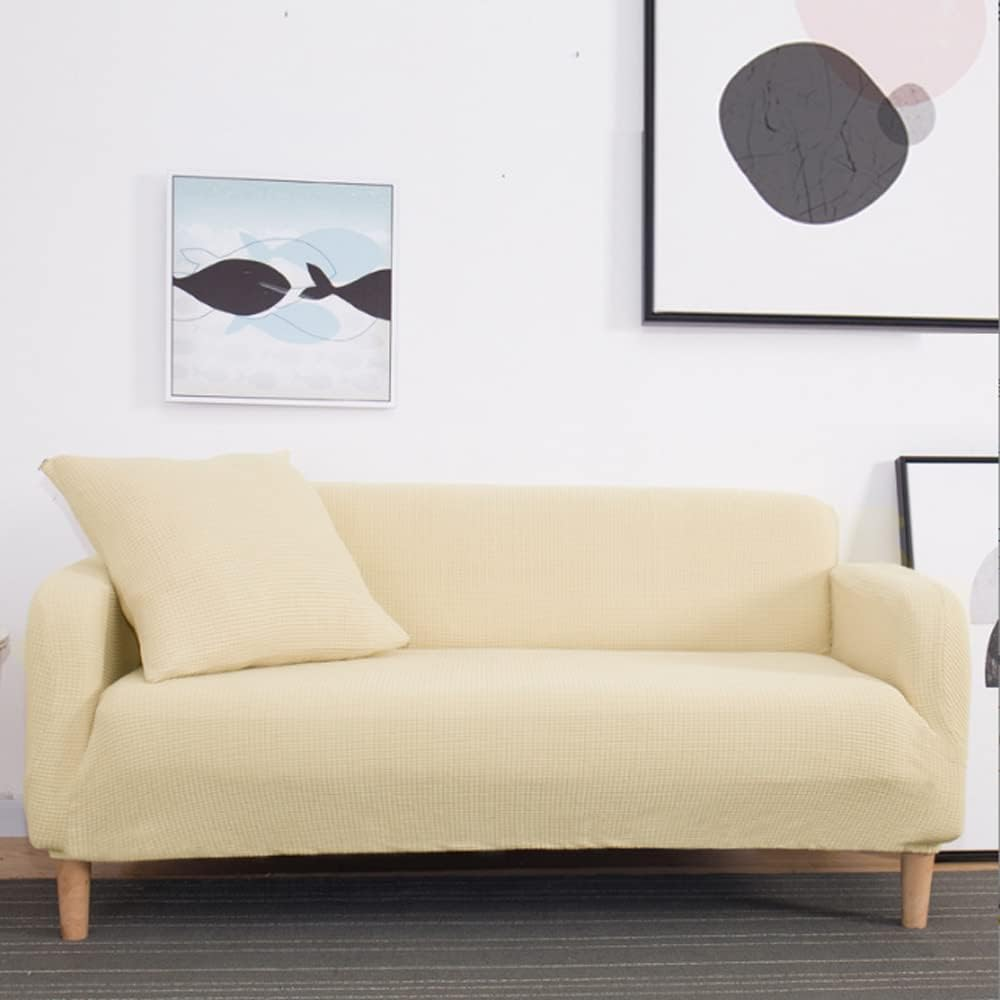 High Stretch Jacquard Sofa Cover Machine Washable Stylish Furniture Cover Anti-Slip Foams Strips with Elastic Bottom Suitable for Various Styles (Cream, 3 Seater (180-220Cm))