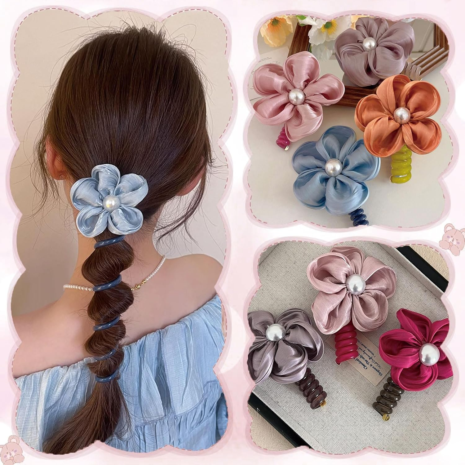 Colorful Phone Wire Hair Bands Flower Beads Spiral Hair Ties Ponytail Holder No Damage Phone Cord Hair Ties Bobbins for Women and Girls Thin Thick Accessories 5 Pack image number 6