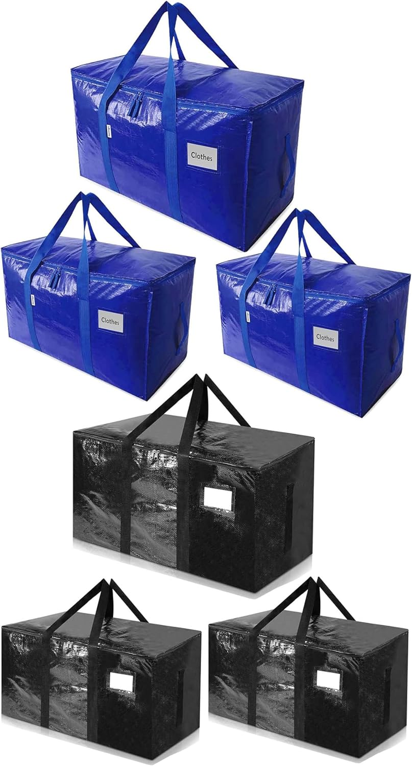 Extra Large Moving Bags Heavy Duty Totes for Storage Packing, Space Saving, Traveling, with Zippers & Strong Carrying Handles (4 Pack, 2 Blue&2 Black)