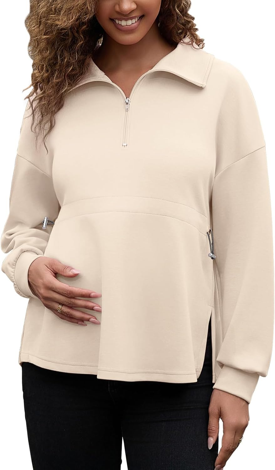 Bhome Women'S Maternity Sweatshirts Half Zip Drawstring Waist Long Sleeve Side Slits Loose Fit Pullover Tops